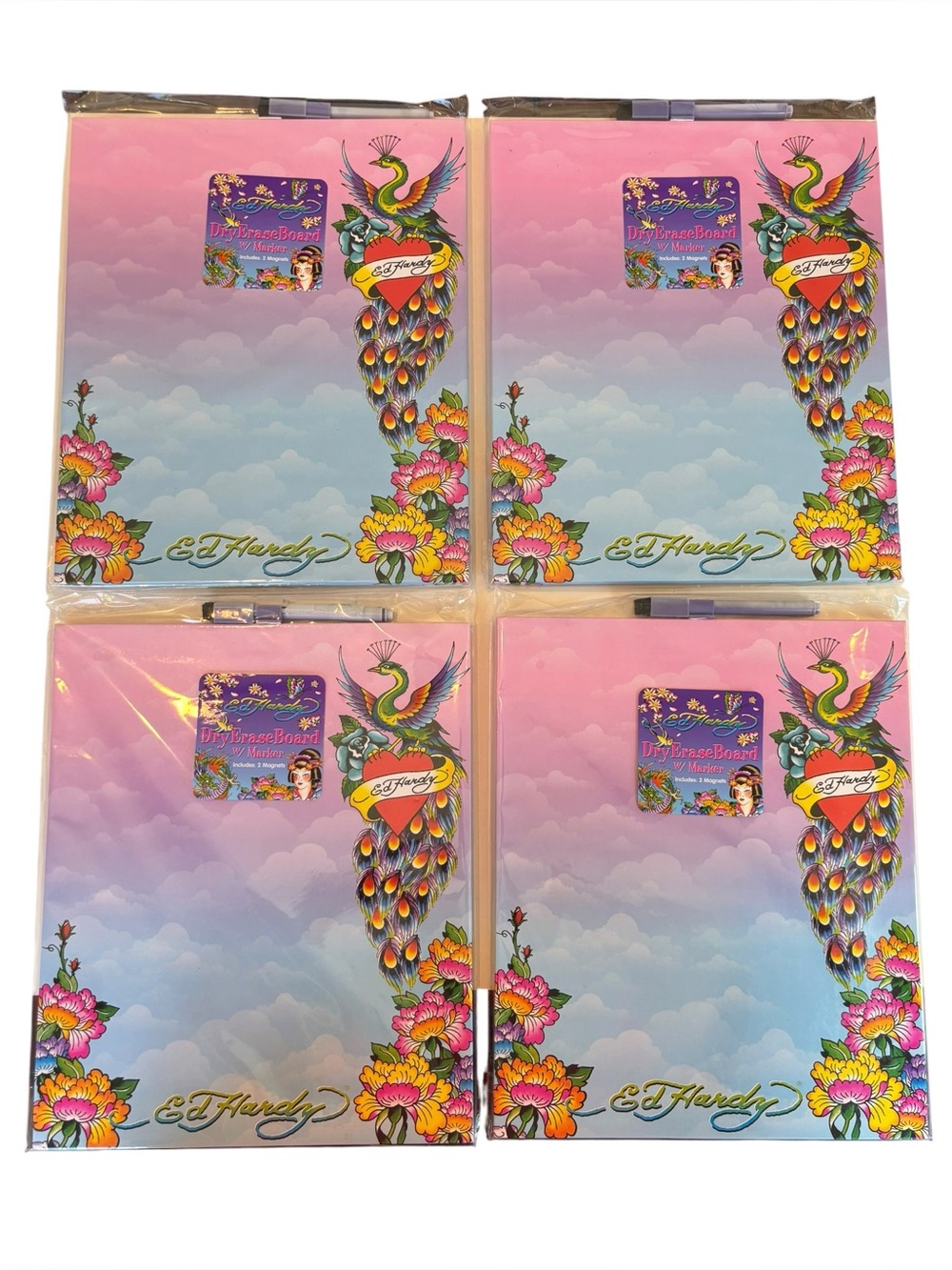 4 NEW Ed Hardy Peacock Dry Erase Boards Sealed Marker Magnets Y2K